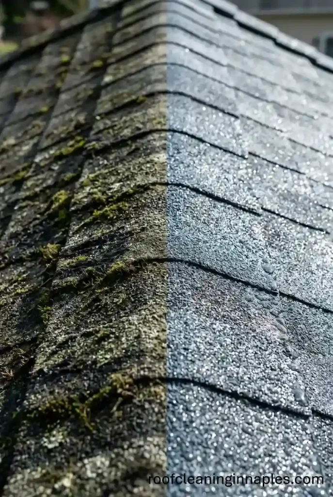 a before and after photo of a mossy roof cleaned