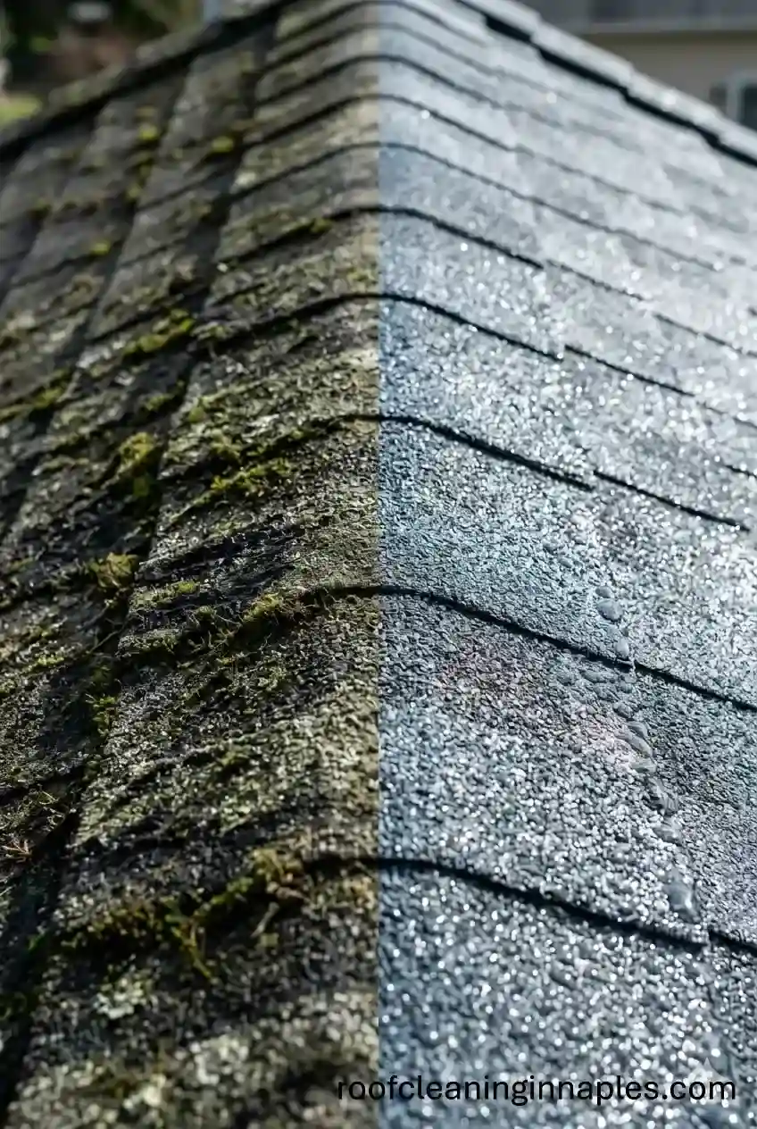 a before and after photo of a mossy roof cleaned