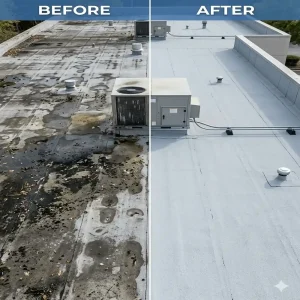 A flat top commercial roof before and after soft wash by Roof Pros Naples