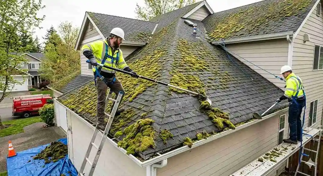 Roof Pros team is doing a residential roof cleaning Naples FL by pre-scraping moss.