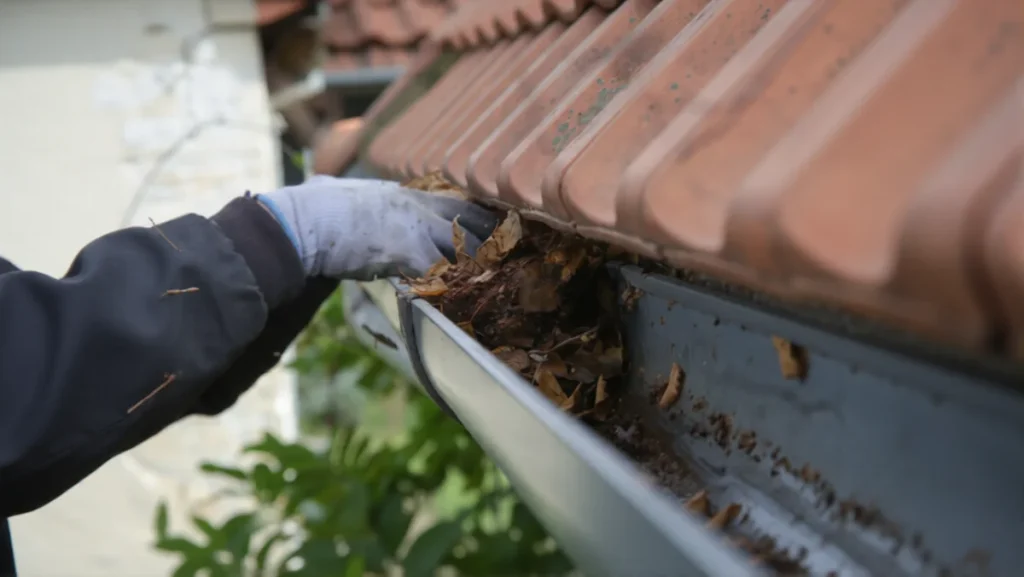 a hand removing debris from roof gutter. Roof debris removal Naples
