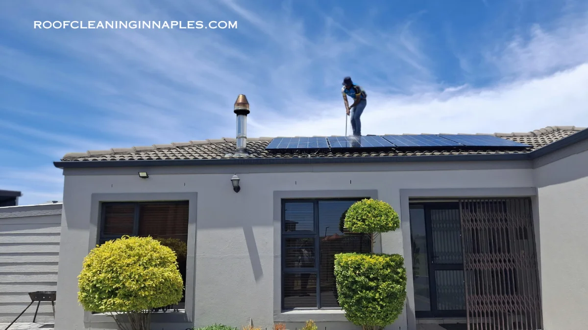 A Roof Pros worker giving service of roof solar panel cleaning Naples