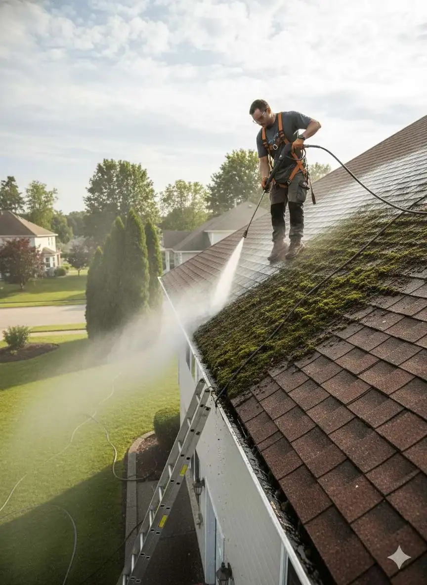 A Roof Pros roof cleaning Naples worker is washing a rooftop