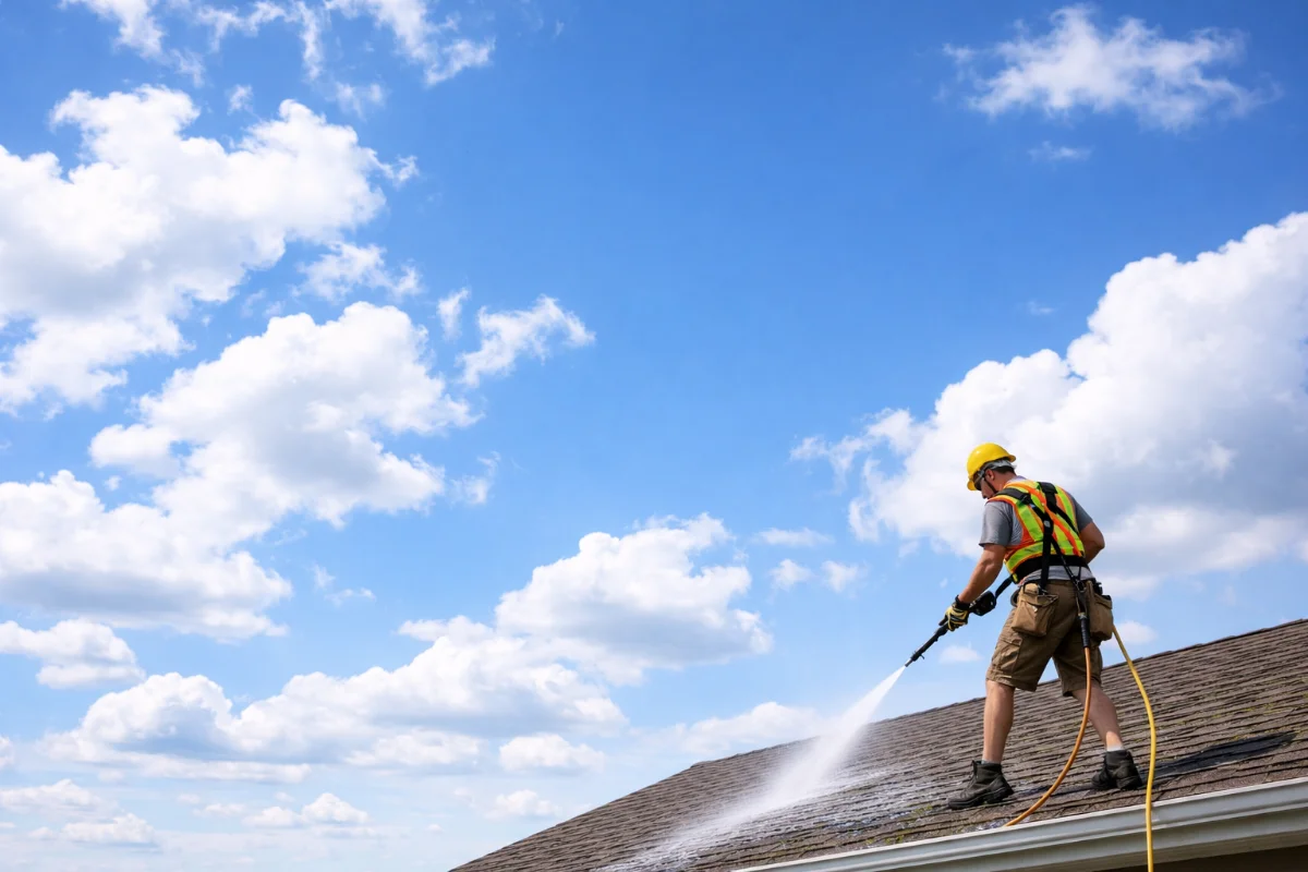A Roof Pros roof cleaning Naples technician soft washing a roof