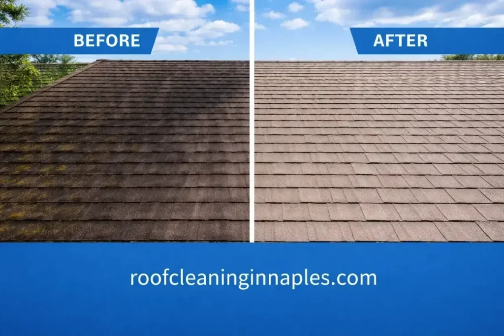 photo of a soft wash project by Roof Pros Naples showing before cleaning, moss-ridden roof, and after treatment, clean roof