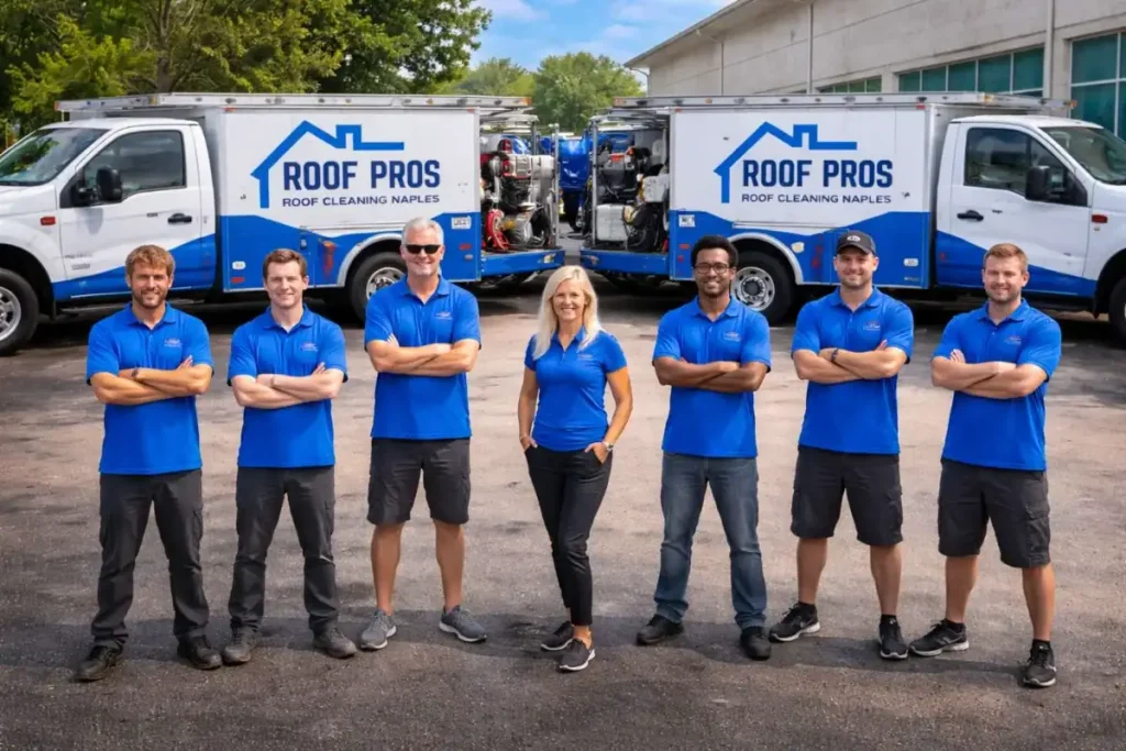 Roof Pros Naples team standing in front of service trucks ready to serve Naples neighborhoods.